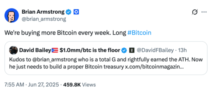 Brian Armstrong'S Tweet Regarding Bitcoin.