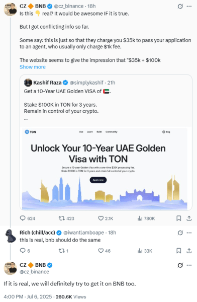 Binance Ceo Cz Questions Ton Golden Visa On Twitter