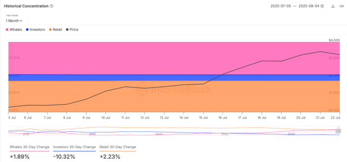 Ethereum Bears Face Loss As $Eth Surges With $Subbd-Bitrabo Ethereum Price With Whale And Retail Stats Over 30 Days From Intotheblock.