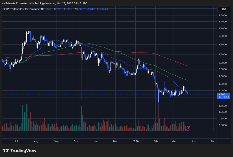 XRP consolidates below the $1.4 level | Source: XRPUSDT chart on TradingView