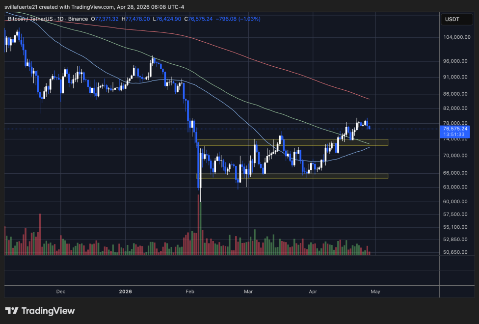 BTC consolidates above the $75K level | Source: BTCUSDT chart on TradingView